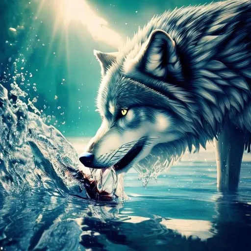 Prompt: a wolf drinking out of a beautiful sea lots of detail and lots of sun light