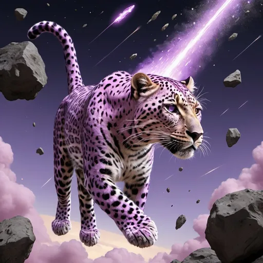 Prompt: light purple leopard dodging meteorites falling from the sky