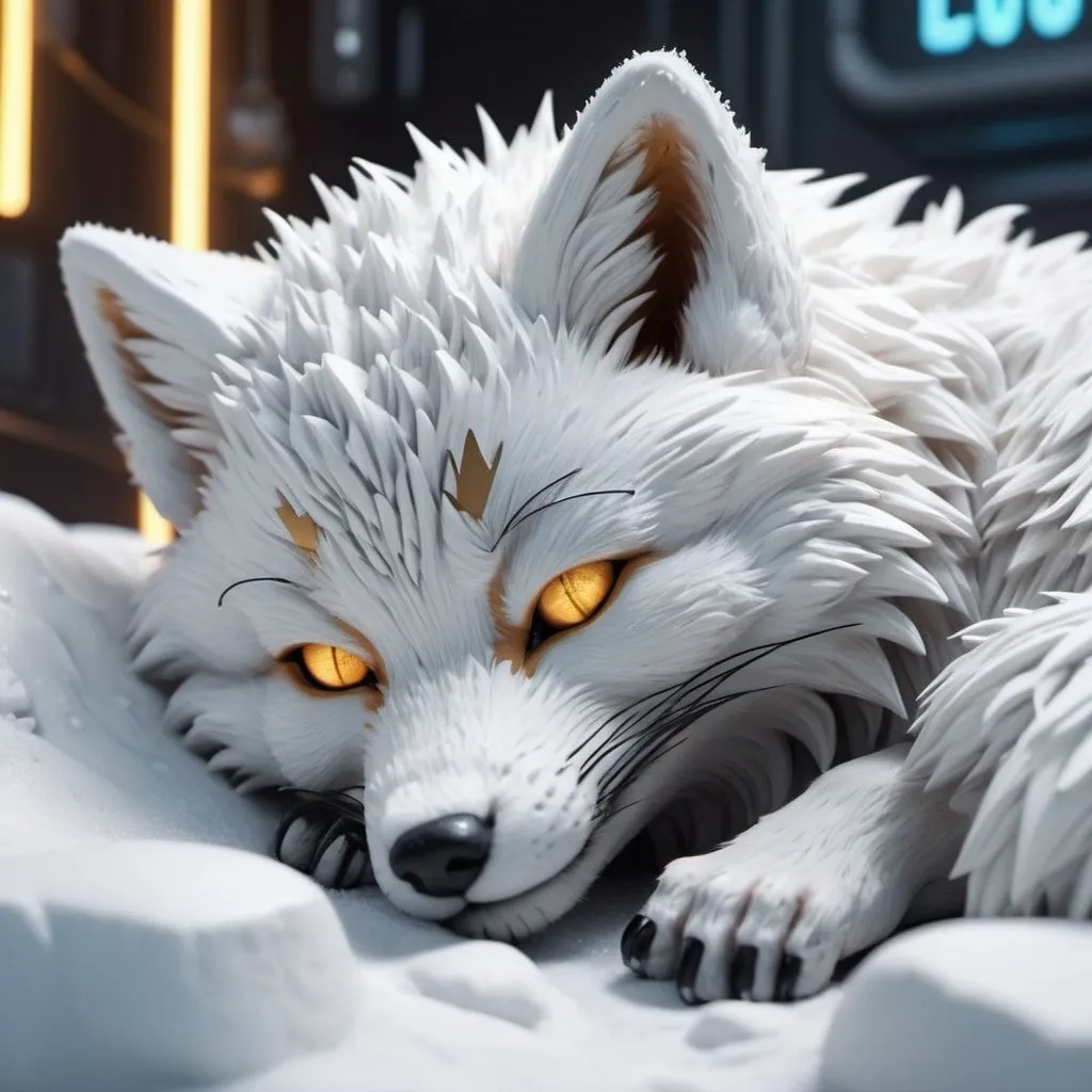 Prompt: Highly detailed white foxpunk scene cub sleeping, hyper-realistic 4K rendering, volumetric lighting, HD quality, futuristic cityscape backdrop, mechanical feline with intricate joints and circuit patterns, cool-toned futuristic atmosphere, detailed fur with lifelike textures, cyberpunk aesthetic, ultra-detailed, volumetric lighting, professional rendering, HD, 4K gold eyes sleeping fluffy the foxpunk is in the (artic) so lots of snow