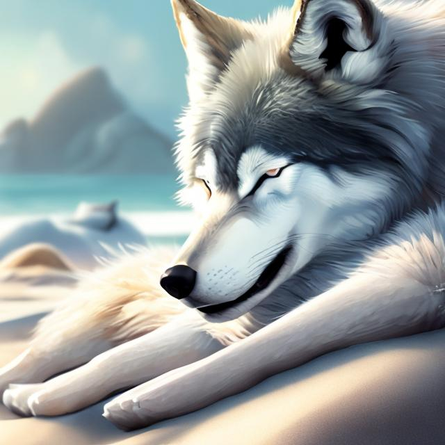 Prompt: Detailed red and white wolf sleeping on the beach, high quality, digital art, realistic fur texture, serene beach setting, calming atmosphere, warm natural lighting, sandy dunes, relaxing, animal, wildlife, red and white fur, detailed fur, peaceful, coastal, realistic, highres, serene atmosphere, digital painting, tranquil, detailed