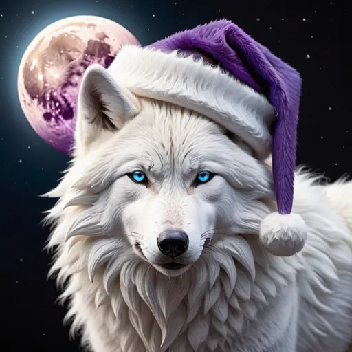 Prompt: white fluffy wolf waring Santa hat hallowing at the moon detailed its chest is purple. and accents of blue hyper realistic