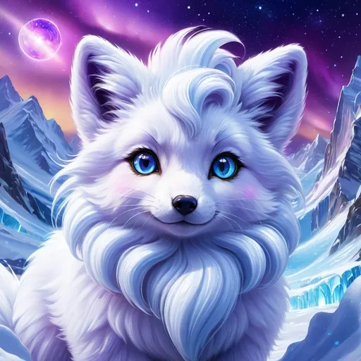 Prompt: {Alolan Vulpix}, Alaskan fox, gleaming hypnotic {amethyst purple eyes}, frost, ice element, detailed artwork, epic photograph, beautiful oil painting, 64k, detailed background, cosmic auroras, deep starry sky, lush cliffside, snowy mountain peaks, brilliant night sky, big purple ears, mischievous, vivid colors, glowing ice aura, snow princess, timid, bashful rosy cheeks, thick billowing mane, intricately detailed fur, beautiful detailed eyes, golden ratio, perfect proportions, vibrant, hyper detailed, complementary colors, UHD, beautiful detailed background
