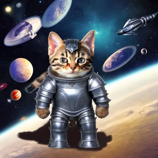 Prompt: a giant kitten in armor in space