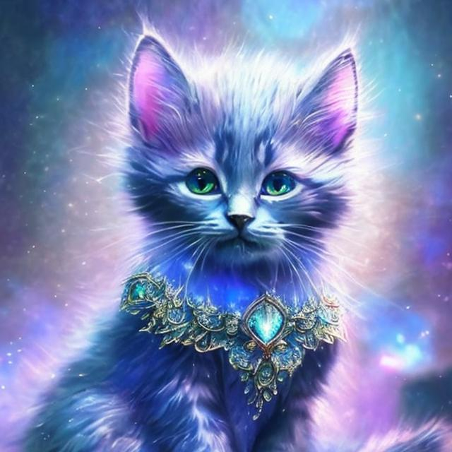 Prompt: Blue glowing kitten in diamond armor, heavenly haven, ethereal glow, intricate details, high quality, fantasy, mystical, magical, glowing fur, radiant, diamond-like armor, celestial, serene, serene lighting, detailed eyes, otherworldly, surreal, shimmering, glowing gemstones, soft pastel colors, enchanting atmosphere