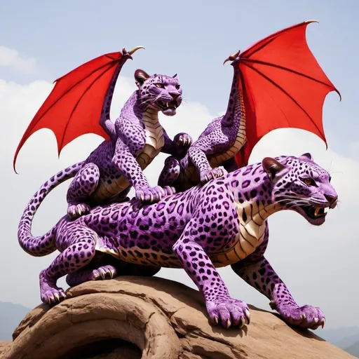 Prompt: two purple leopards ridding a back and red dragon
