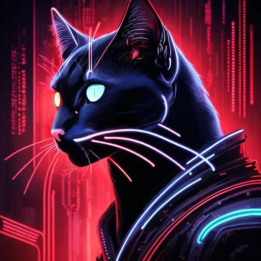 Prompt: Sci-fi digital illustration of a sleek black cat, detailed red glowing accents, futuristic cyberpunk setting, vibrant neon lights, high-tech collar, detailed fur with glowing reflections, intense and mysterious gaze, best quality, highres, ultra-detailed, cyberpunk, detailed eyes, sleek design, professional, vibrant neon lighting