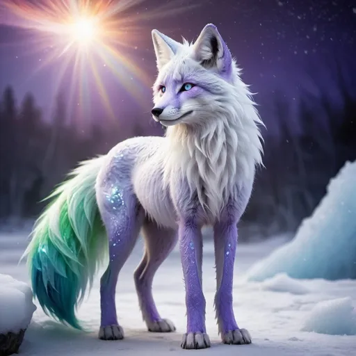 Prompt: ice elemental fox, feral vixen, kitsune, nine-tailed fox, snowy lilac fur, bright rainbow green aurora eyes, periwinkle purple ears, frost, falling fire, shattered ice, soft moonlight,stunning youthful vixen, gazing at viewer, gorgeous, muscular forelegs, flowing aurora hair, athletic, agile, small but absurdly powerful, enchanting, timid no orang
