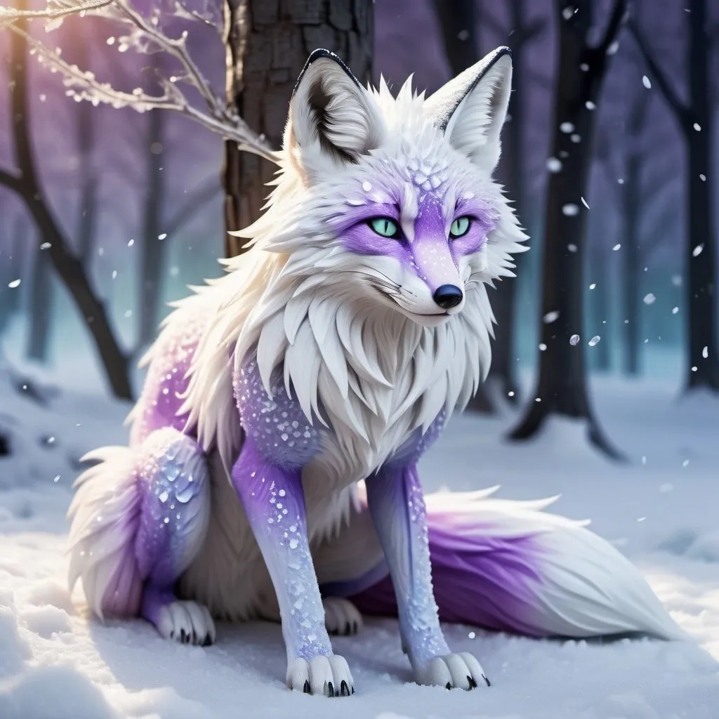 Prompt: ice elemental fox, samurai feral fox, kitsune, nine-tailed fox, snowy lilac fur, bright rainbow purple aurora eyes, periwinkle green ears, frost, falling snow, shattered ice, soft moonlight,stunning youthful vixen, gazing at viewer, gorgeous, muscular forelegs, athletic, agile, small but absurdly powerful, enchanting, timid
no backroad cut out the fox