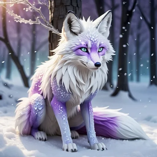 Prompt: ice elemental fox, samurai feral fox, kitsune, nine-tailed fox, snowy lilac fur, bright rainbow purple aurora eyes, periwinkle green ears, frost, falling snow, shattered ice, soft moonlight,stunning youthful vixen, gazing at viewer, gorgeous, muscular forelegs, athletic, agile, small but absurdly powerful, enchanting, timid
no backroad cut out the fox