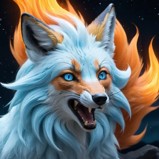 Prompt: {alolan Ninetales}, growling, fox, maned wolf, kitsune, fire element, detailed artwork, portrait, glistening ice blue fur, 8k, detailed background, auroras, brilliant night sky, mischievous, thick billowing mane, hyper realism, realistic, hyper realistic
