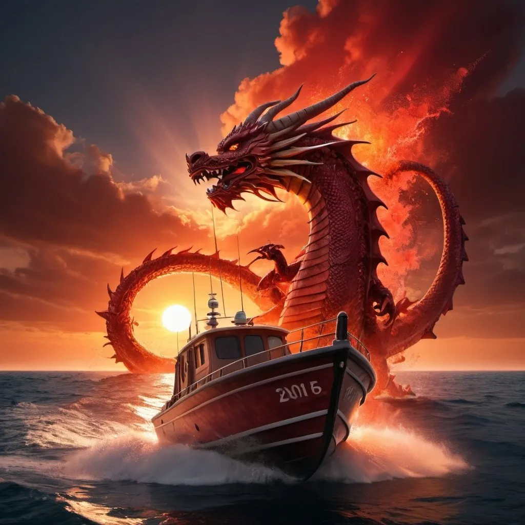 Prompt: a boat on the ocean with a sun set in the sky and a red and orange explosion behind the boat with a back dragon beside the boat