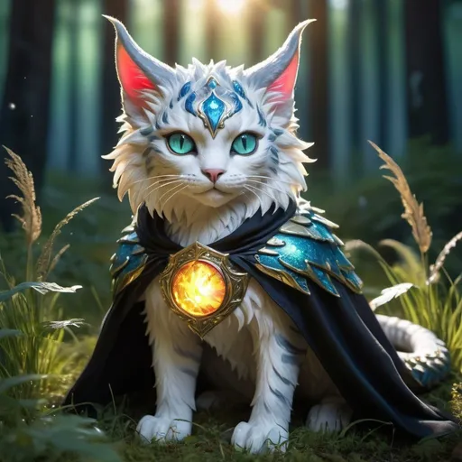 Prompt: bright sun shining, light gold cat in a grass patch in the forest detailed hyper realistic good lighting nice and sunny and shiny, magic theme. magic blue and red particles glowing eyes the cat is light silver with accents of gold .wild cat dragon waring a black cloak warrior siting in hyper realistic fantasy forest future seen with northern lights above the wild cat waring a cloak warrior the wild cat dragon has two dragon wings cute detailed
