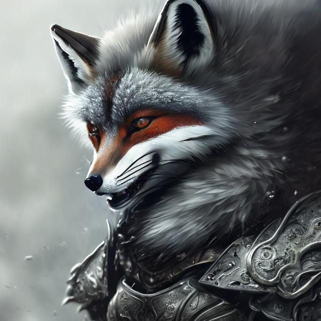 Prompt: Warrior fox in intricate gray armor, detailed fur and fierce expression, highres, ultra-detailed, fantasy, detailed armor, intense gaze, professional, dramatic lighting, realistic rendering, metallic tones, fantasy setting, battle-ready