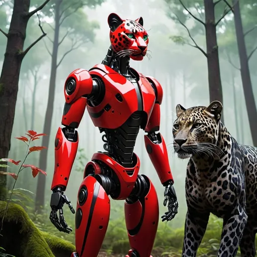 Prompt: a red and black robot with a black leopard siting beside it and a forest in the background detailed realistic