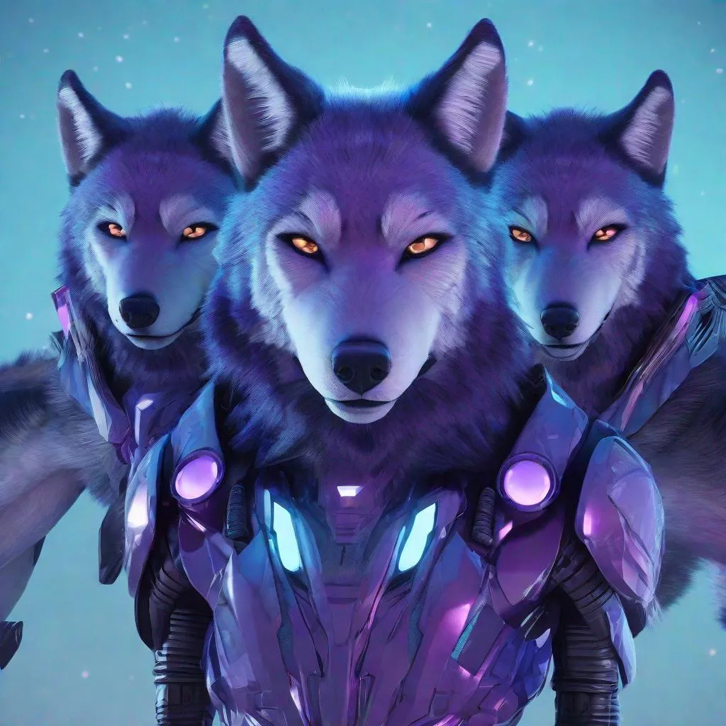 Prompt: 3-headed man-wolf, futuristic setting, ultra-detailed fur, sci-fi, purple and light blue accents, highres, futuristic, detailed eyes, professional, atmospheric lighting