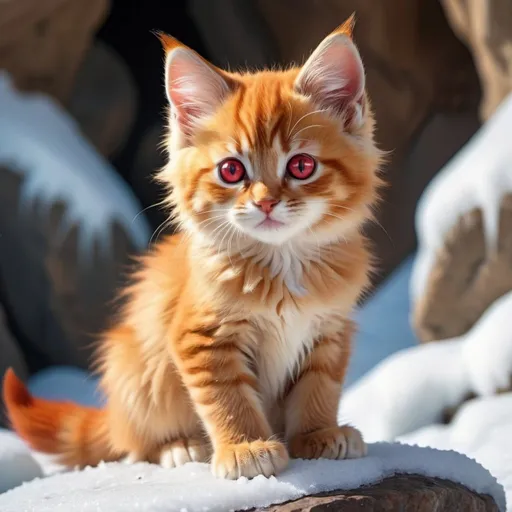 Prompt: warrior (kitten) with {bright scarlet fur} and {ruby red eyes}, feral kitten, kitsune, nine-tailed kitten, gorgeous anime portrait, beautiful cartoon, beautiful 8k eyes, elegant {red fur}, four-legged, quadruped, pronounced scar on chest, oil painting, modest, gazing at viewer, fiery red eyes, glistening golden hair, furry golden paws, low angle view, 64k, hyper detailed, expressive, graceful, beautiful, small lithe cat, expansive silky golden mane, shining fur, deep starry sky, UHD background, golden ratio, precise, perfect proportions, vibrant colors, standing majestically on a tall crystal stone, hyper detailed, complementary colors, UHD, HDR, top quality art, beautiful detailed background, unreal 5, artstaion, deviantart, instagram, professional, masterpiece (CUTE) 
the kitten is sitting on a rock surrounded by snow and ice/ the artic
