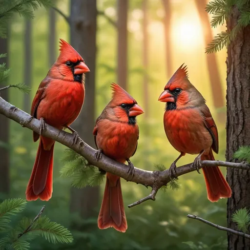 Prompt: red three cardinal birds in a (forest) one flying and the others siting on the branch close to the cardinal that is flying good bright lighting detailed hyper realistic (beautiful) nice light bright green leaves on the trees sunset in background