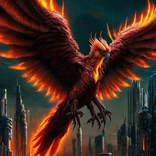 Prompt: High-res, ultra-detailed, sci-fi red Phoenix with a human-like body, intricate black accents, majestic wingspan, intense fiery gaze, futuristic setting, vibrant red tones, atmospheric lighting, detailed feathers, professional, digital art, cyberpunk, futuristic, intense, fiery eyes, futuristic cityscape, detailed plumage, dramatic lighting