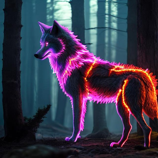 Prompt: a wolf made of light red fire in the forest