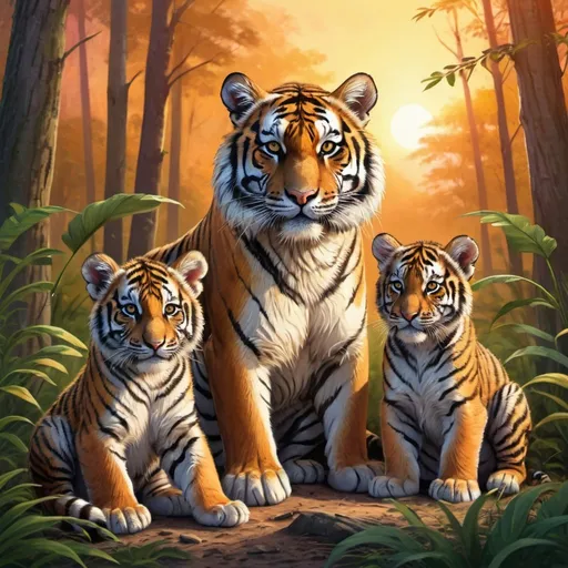 Prompt: Detailed illustration of a majestic tiger and two cubs in a lush forest clearing at sunset, warm and vibrant color tones, high quality, realistic, detailed fur, serene atmosphere, focused mother tiger, peaceful sunset, sleepy cub, sitting cub, forest setting, natural lighting