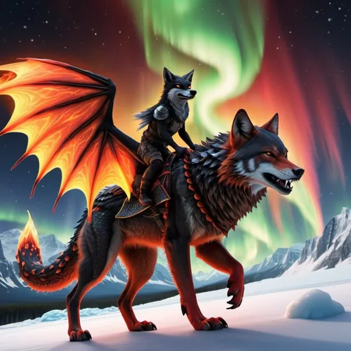 Prompt: black and red wolf riding a orang and yellow fire dragon with some ice and northern lights detailed hyper realistic the black and red wolf and the dragon are in the sky the fire dragon has wings and a dragon tail make sure it has dragon wings and tail the black and red wolf is riding the dragon there should be no blue. northern lights in the sky
