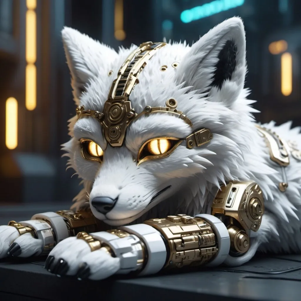 Prompt: Highly detailed white foxpunk scene cub sleeping, hyper-realistic 4K rendering, volumetric lighting, HD quality, futuristic cityscape backdrop, mechanical feline with intricate joints and circuit patterns, cool-toned futuristic atmosphere, detailed fur with lifelike textures, cyberpunk aesthetic, ultra-detailed, volumetric lighting, professional rendering, HD, 4K with glowing gold eyes fox(punk)