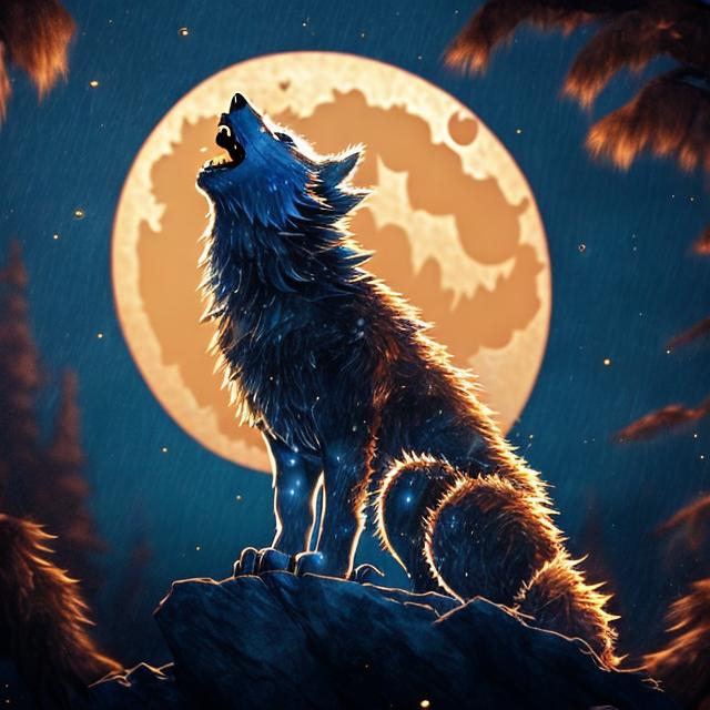 Prompt: blue wolf cub howling at the moon,with accents of red shiny golden fur, enchanting moonlight, mystical forest background, high quality, detailed fur, magical, atmospheric lighting, haunting, golden tones, mysterious ambiance, serene