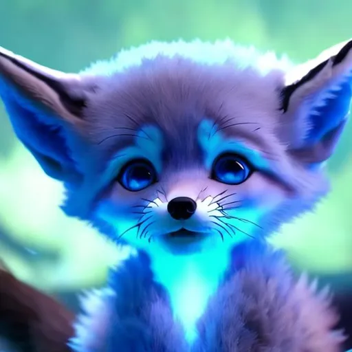 Prompt: a glowing blue baby fox anime