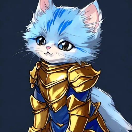 Prompt: a blue kitten in gold armor with a gold crawn anime