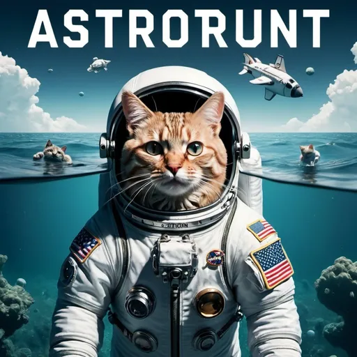 Prompt: cat in astronaut suit in the ocean with big bold letters at the top saying astronaut in the ocean detailed