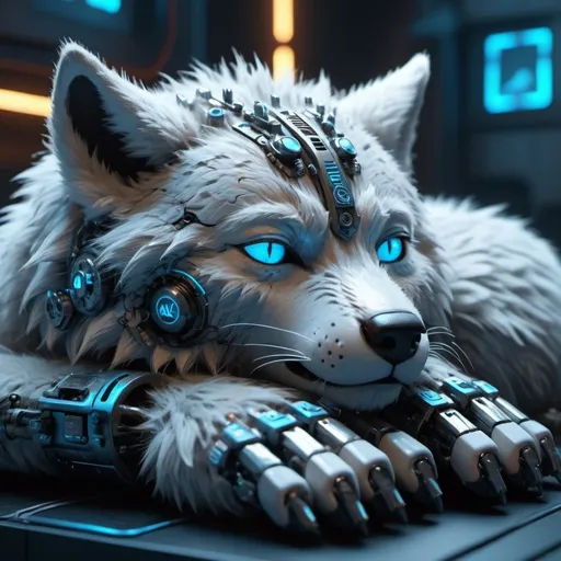 Prompt: Highly detailed wolfpunk scene cub sleeping, hyper-realistic 4K rendering, volumetric lighting, HD quality, futuristic cityscape backdrop, mechanical feline with intricate joints and circuit patterns, cool-toned futuristic atmosphere, detailed fur with lifelike textures, cyberpunk aesthetic, ultra-detailed, volumetric lighting, professional rendering, HD, 4K blue eyes sleeping fluffy