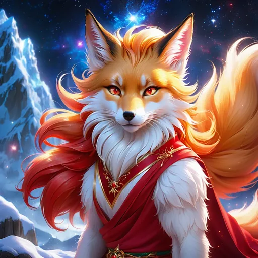 Prompt: warrior (fox) with {bright scarlet fur} and {ruby red eyes}, feral fox, kitsune, nine-tailed fox, gorgeous anime portrait, beautiful cartoon, beautiful 8k eyes, elegant {red fur}, four-legged, quadruped, pronounced scar on chest, oil painting, modest, gazing at viewer, fiery red eyes, glistening golden hair, furry golden paws, low angle view, 64k, hyper detailed, expressive, graceful, beautiful, small lithe cat, expansive silky golden mane, shining fur, deep starry sky, UHD background, golden ratio, precise, perfect proportions, vibrant colors, standing majestically on a tall crystal stone, hyper detailed, complementary colors, UHD, HDR, top quality art, beautiful detailed background, unreal 5, artstaion, deviantart, instagram, professional, masterpiece boy