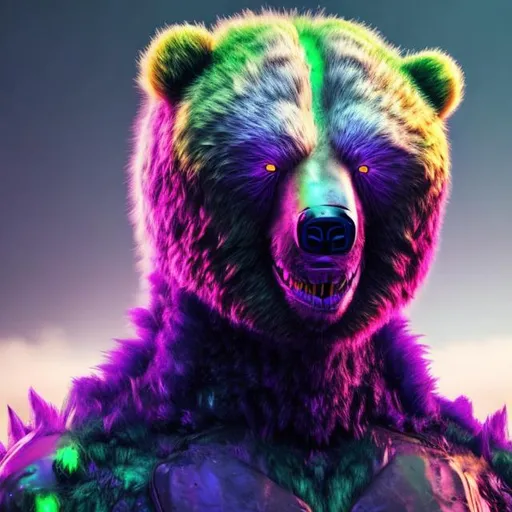 Prompt: Sci-fi 3-headed man-bear with purple and lime accents, ultra-detailed fur, futuristic setting, otherworldly glow, high-quality 3D rendering, sci-fi, futuristic, detailed fur, triple heads, purple and lime accents, otherworldly glow, highres, 3D rendering