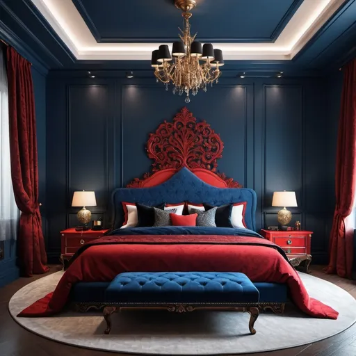 Prompt: BIG DEATALED BED ROOM WITH RED AND BLACK WALLS AND A BLUE BED AI LIKE