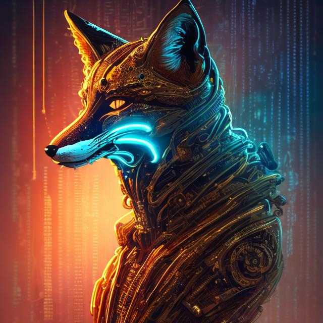 Prompt: Bright gold sci-fi fox, metallic sheen, futuristic neon glow, intricate mechanical details, high quality, ultra-detailed, sci-fi, cyberpunk, gold tones, futuristic, neon lighting