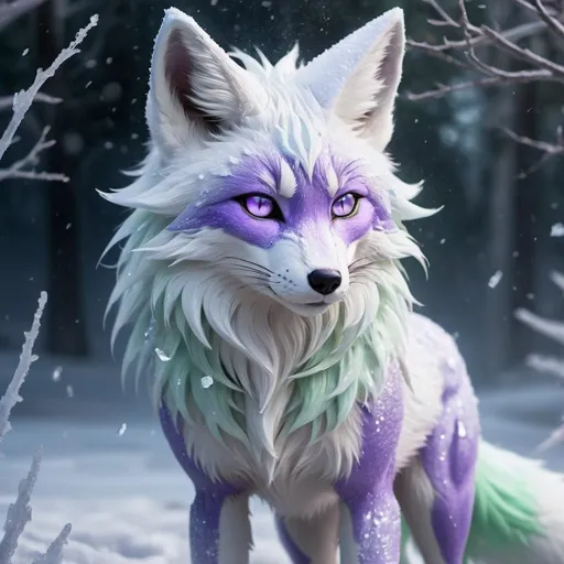 Prompt: ice elemental fox, samurai feral fox, kitsune, nine-tailed fox, snowy lilac fur, bright rainbow purple aurora eyes, periwinkle green ears, frost, falling snow, shattered ice, soft moonlight,stunning youthful vixen, gazing at viewer, gorgeous, muscular forelegs, athletic, agile, small but absurdly powerful, enchanting, timid
no backroad