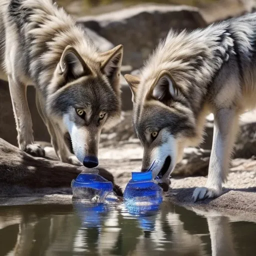 Prompt: two wolf babys drinking water from a clear river