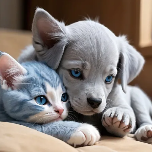 Prompt: a puppy and a kitten both blue with gray they are snugging anime