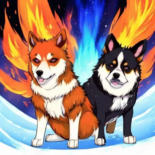 Prompt: a fire and ice dog anime