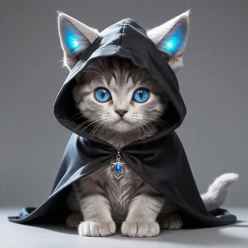 Prompt: silver cat with a black cloak black hood over its head its cat ears are pokeing out of the hood and you can see its glowing blue eyes dragon wings on the gray cat older cat not baby and not old its a kid
