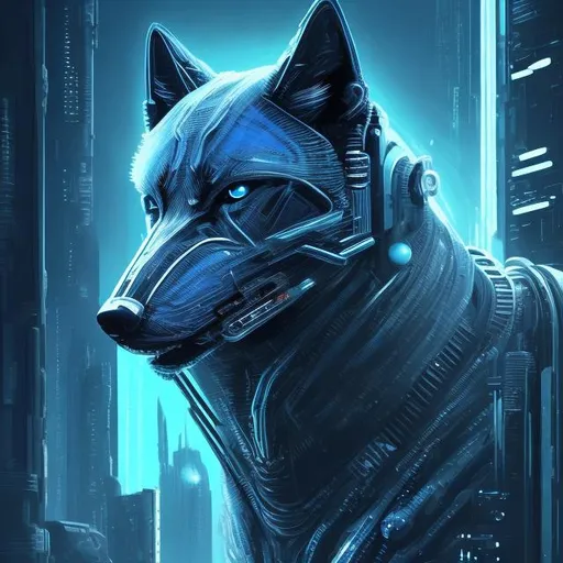 Prompt: Detailed futuristic illustration of a sleek black wolf, shades of blue accents, sci-fi setting, cybernetic enhancements, intense and piercing gaze, high-tech elements, ultra-detailed, sci-fi, cool tones, cyberpunk, futuristic, detailed fur, futuristic design, professional, atmospheric lighting