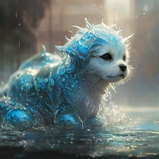 Prompt: Detailed, realistic, adorable liquid puppy, fluffy fur, water element, magical water circles, Krenz Cushart, loish, gaston bussiere, craig mullins, j. c. leyendecker, Artgerm, cute, blue, magical, water, fluffy, ultra-detailed, realistic, water movement, professional, atmospheric lighting