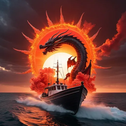 Prompt: a boat on the ocean with a sun set in the sky and a red and orange explosion behind the boat with a back dragon beside the boat