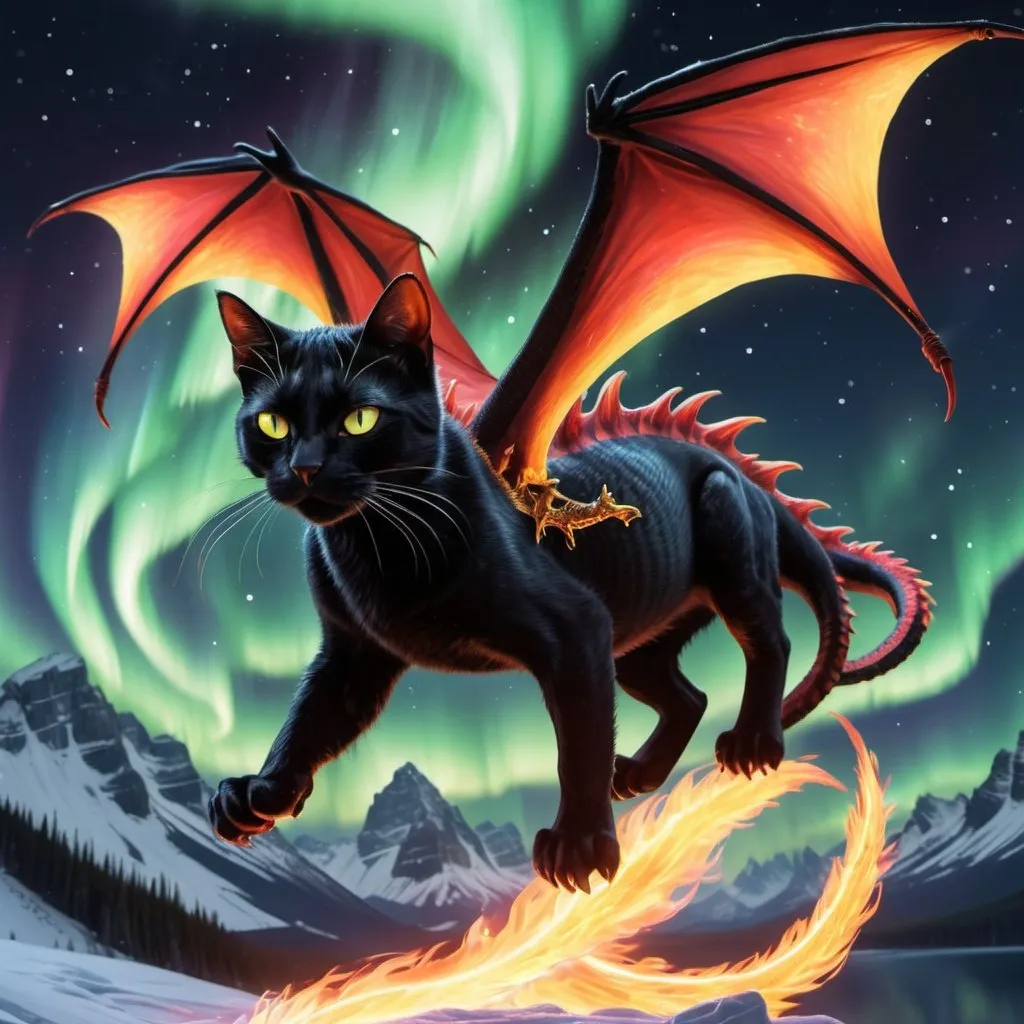 Prompt: black and red cat riding a orange and yellow fire dragon with some ice and northern lights detailed hyper realistic the black and red cat and the dragon are in the sky the fire dragon has wings and a dragon tail make sure it has two dragon wings and one tail the black and red cat is riding the dragon there should be no blue green or purple. northern lights in the sky
