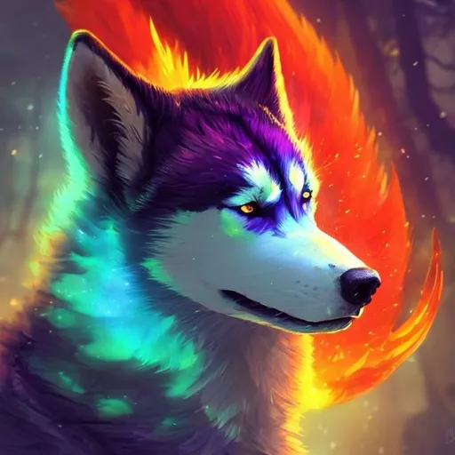 Prompt: Magical fire husky dog, digital painting, vibrant and fiery colors, mystical forest setting, intense and powerful gaze, translucent fiery fur, mystical, high quality, detailed, fantasy, ethereal, fiery, magical, vibrant colors, mystical forest, intense gaze, digital painting, powerful, translucent fur, professional, atmospheric lighting