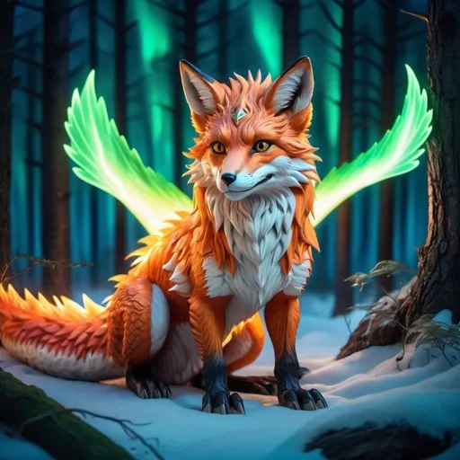 Prompt: wild fox dragon warrior siting in hyper realistic fantasy forest future seen with northern lights above the wild fox warrior wild fox dragon warrior fire element siting in hyper realistic fantasy forest future seen with northern lights above the wild fox warrior the wild fire element fox dragon has two dragon wings cute detailed
