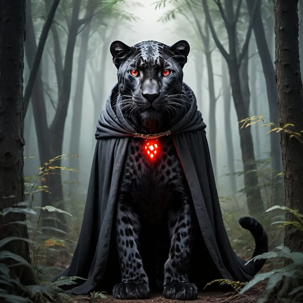 Prompt: a black leopard with a gray cloak and glowing red eyes the black leopards in human form standing in the end of a forest 