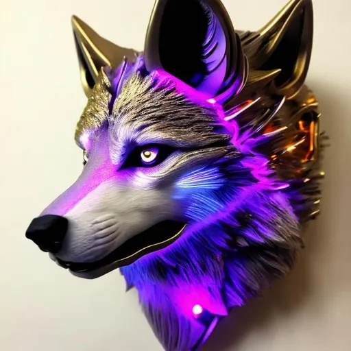Prompt: bright gold sci fi wolf with accents of light purple