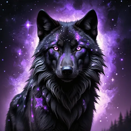 Prompt: Black wolf with glowing purple stars, mystical fantasy theme, highres, detailed fur, atmospheric lighting, fantasy, mystical, detailed eyes, sleek design, professional, glowing purple stars, cool tones, detailed fur, atmospheric lighting