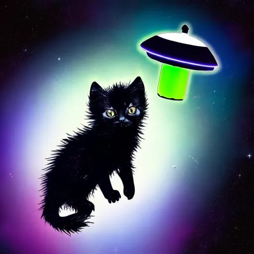 Prompt: a light up black kitten in space on a 
ufo